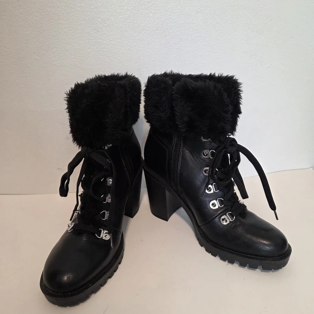 G By Guess Black Lace Up And Zip Stacked Heel Boots Studded Size 7.5 M
